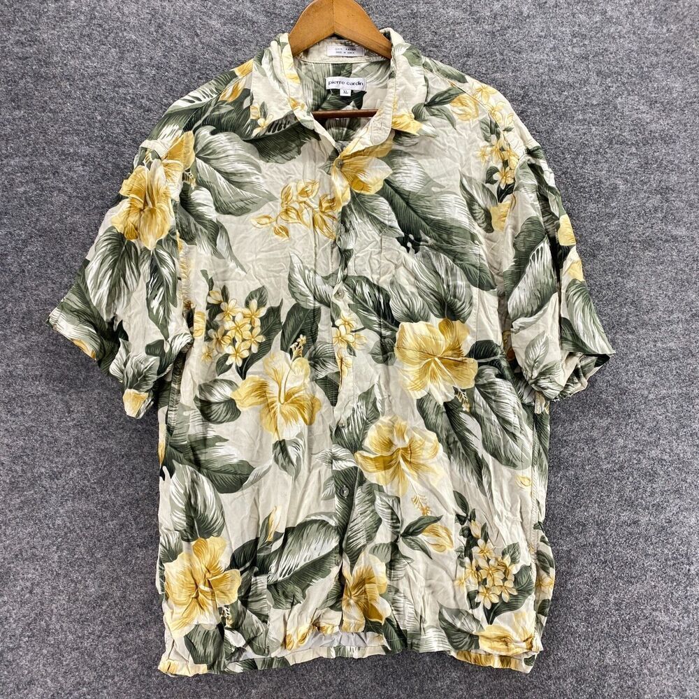 5/$45 Pierre Cardin Shirt Men XL Gray Floral Button Up Collared Short Sleeve